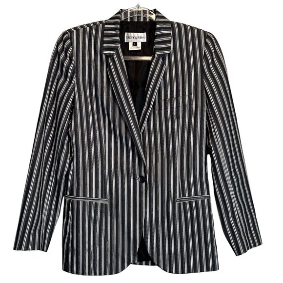 Bloomingdale's 6 Striped Collared One Button Blazer Black White Jacket - Picture 5 of 16